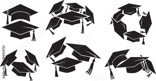 Graduation caps and tassels in various positions and arrangements