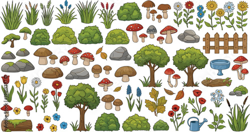 Garden nature elements collection with plants trees flowers mushrooms rocks bushes and grass cartoon vector illustration set