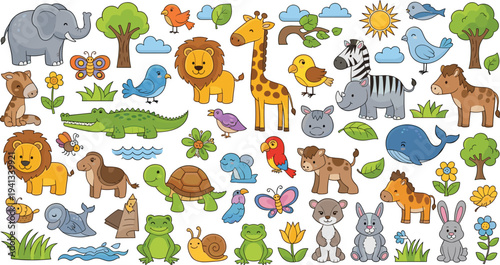 Cute cartoon animals and nature elements collection with lion elephant giraffe crocodile birds flowers kids vector illustration set