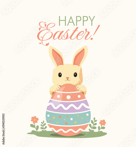 Happy Easter. Vector illustration of an Easter bunny holding a large, decorated Easter egg. Pastel colors, spring flowers at the bottom. Perfect for greeting cards, posters, social media, packaging