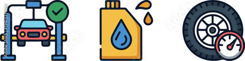 Car maintenance service vector icons showing vehicle lift oil change tire pressure check and automotive repair station equipment in flat design