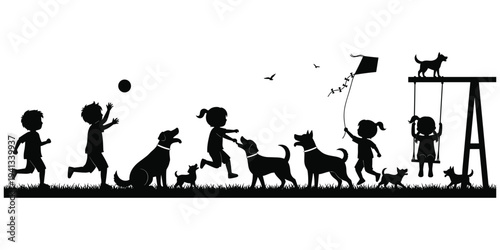 Children and dogs park silhouette illustration, playful outdoor artwork, joyful activity design tribute, family leisure graphic, energetic bonding concept, nature fun theme flat vector illustration