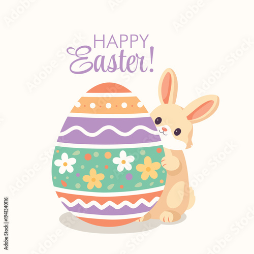 Happy Easter! An Easter bunny peeks out from behind a large, decorated Easter egg. Pastel colors and spring flowers. Vector illustration perfect for greeting cards, posters, social media, packaging