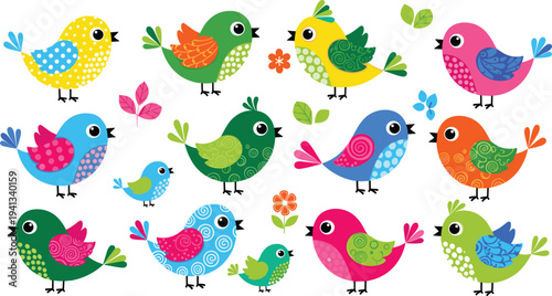 Cute colorful cartoon birds collection with decorative patterns flowers and leaves adorable spring bird characters vector illustration set