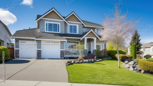 Wallpaper Mural Bright two-story suburban home with an expansive manicured lawn and attached two-car garage under a clear blue sky Torontodigital.ca