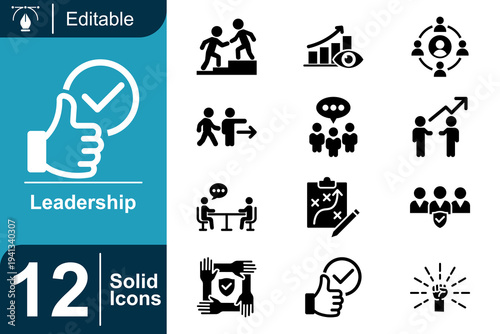 Leadership icon set. Business leadership, team management, strategy planning, teamwork collaboration, motivation success, professional guidance and more. Solid vector icons collection.