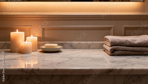 Elegant marble countertop with lit candles, a soap bar, and neatly folded towels, creating a serene and luxurious bathroom ambiance for relaxation and self-care