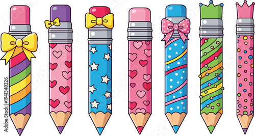 Cute decorative cartoon pencil collection with bows crowns hearts stars and colorful patterns kawaii school stationery vector set