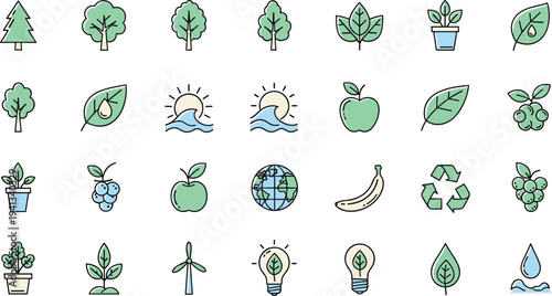 Eco friendly nature icons set with trees leaves recycling globe fruits water and renewable energy flat vector collection