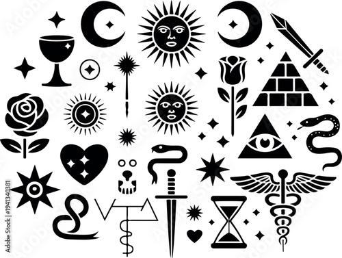 Minimalist vector collection of white occult mystical symbols including sun face skull pentagram and eye of providence on black background
