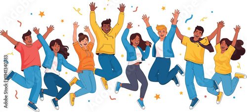 Group of happy young people jumping together celebrating success friendship teamwork and freedom flat cartoon vector illustration