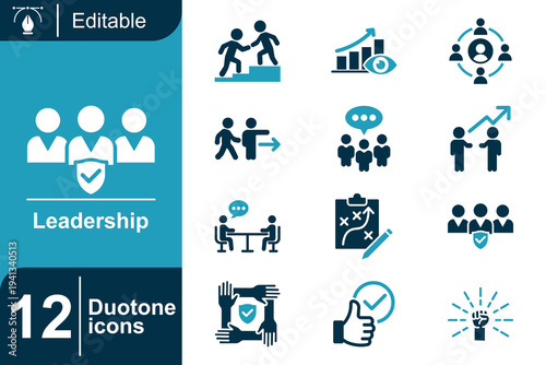 Leadership icon set. Team leadership, business strategy planning, teamwork collaboration, professional guidance, motivation success, corporate management, group communication and more. Duotone vector 