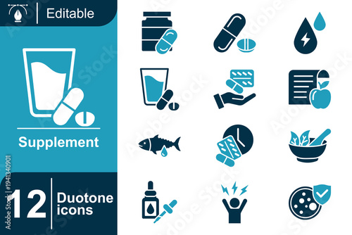 Supplement icon set. Vitamin capsules, nutrition supplements, herbal medicine bottle, omega fish oil, medical tablets, dietary nutrition powder, health wellness products and more. Duotone vector icons