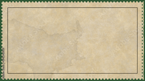vintage-style postage stamp with a green border and a beige background