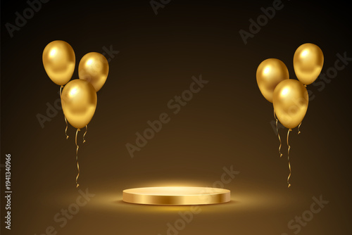 Golden birthday podium with gold balloons. Luxury award podium on dark background. Celebration, winners ceremony, sales promotion banner. Festive elegant decorative vector illustration.