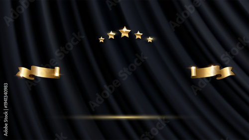 Award prize ceremony background with gold stars and ribbon elements. Prize ceremony scene on dark curtain backdrop, spotlight glow, empty stage center. Luxury golden festive vector illustration.