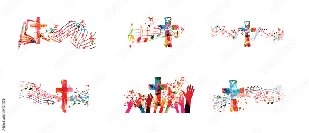 Naklejka premium Colorful christian cross with music notes isolated vector illustration. Religion themed background. Design for gospel church music, choir singing, concert, festival, Christianity, prayer