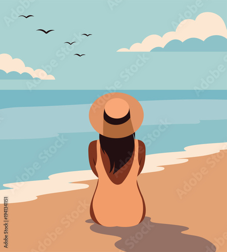 Summer vacation. Vector illustration. Woman in a white swimsuit, hat, viewed from behind, sunbathing on a beach towel by sea, looking toward horizon. Perfect for summer themes, vacations, relaxation