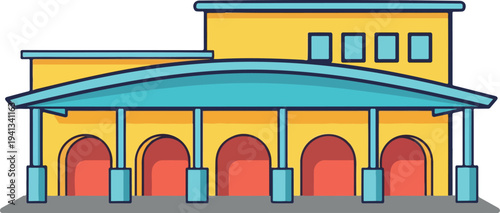 Modern commercial building vector illustration with yellow facade and blue roof