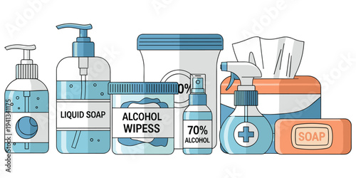 Hygiene products illustration, sanitation essentials artwork, personal care design tribute, cleanliness protection graphic, health safety concept, germ prevention theme flat vector illustration
