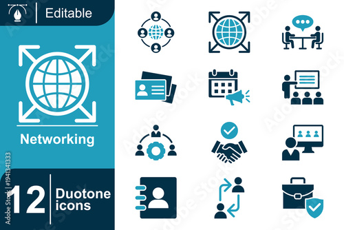 Networking icon set. Business networking, global communication, teamwork collaboration, meeting discussion, partnership agreement, professional contacts, online interaction, corporate community and mo