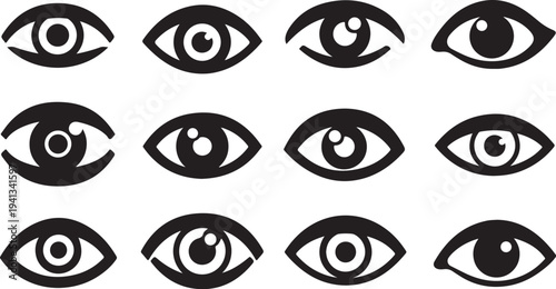 Collection of various stylized eye icons in black and white