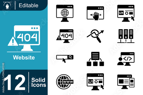 Website icon set. Web development interface, browser window, internet technology, coding programming, server database system, website analytics tools and more. Solid vector icons collection.