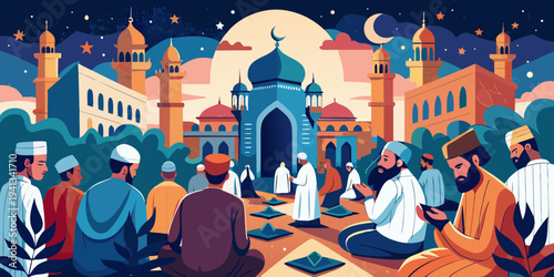 Muslims praying outside the Paris Great Mosque on Eid al-Fitr festival, Paris, France
