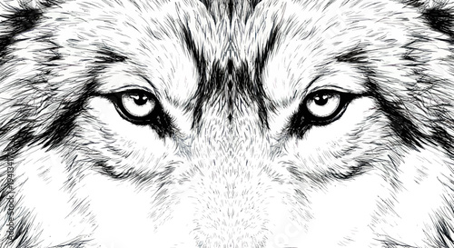 Close-up of a wolf's intense eyes in black and white sketch style