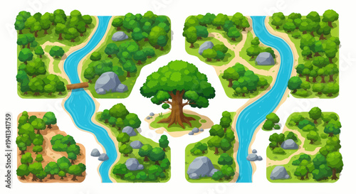 Fantasy Forest Map with River, Paths, and Big Tree - Top View