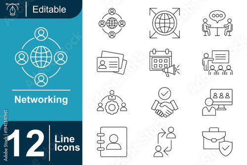 Networking icon set. Global connection, teamwork meeting, business communication, partnership handshake, collaboration system, user profile directory, online meeting, community interaction and more. L