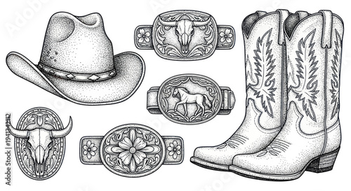 Western Cowboy Gear Illustration: Hat, Boots, Belt Buckles, Bull Skull