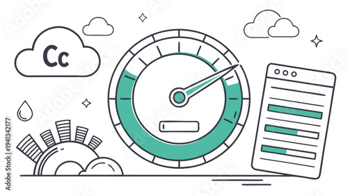 A conceptual vector illustration of a timer and cloud computing elements on a simple background