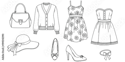 Women’s fashion illustration, clothing accessories artwork, stylish outfit design tribute, modern wardrobe graphic, feminine apparel concept, trendy lifestyle theme flat vector illustration