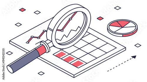 Detailed vector illustration of a magnifying glass analyzing a graph and chart with red accents