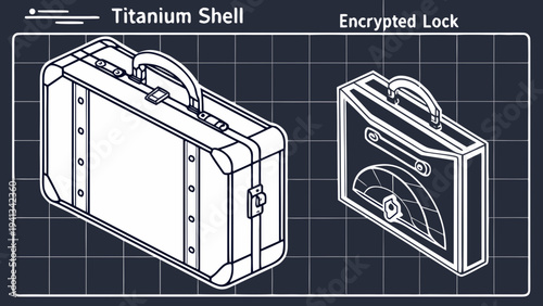3D vector illustration of a titanium shell and encrypted lock briefcases showcasing security features