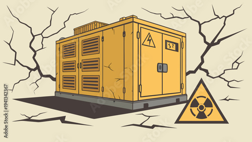 A 3D vector illustration of a nuclear reactor or generator with radiation warning sign amidst cracks, signifying danger and nuclear power