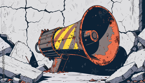 A grunge-style 3D vector illustration of a heavily damaged megaphone amidst cracked concrete debris