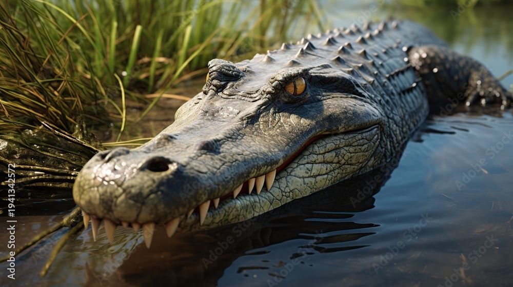 Obraz premium Close-Up View of an Alligator's Head Emerging from Murky Water Near Reeds and Grass