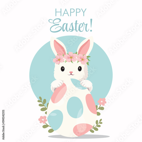 Vector illustration Happy Easter. An Easter bunny holding a large, decorated Easter egg. Pastel blue tones and spring flowers. Perfect for greeting cards, posters, social media, packaging