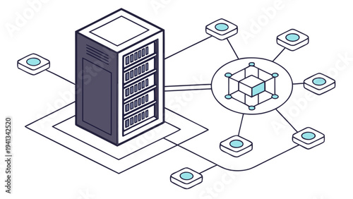 A highly detailed vector illustration of a microchip server connected to a network of devices