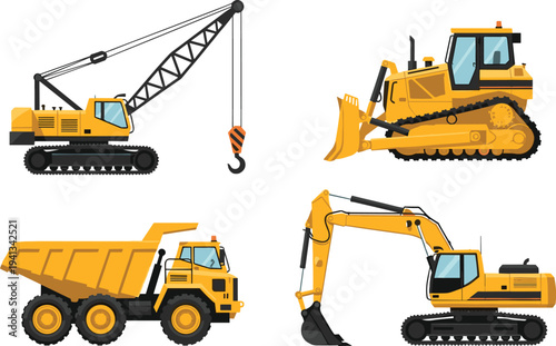 Heavy construction machinery set including crawler crane, bulldozer, excavator and dump truck for earthmoving, mining and engineering projects isolated on white background