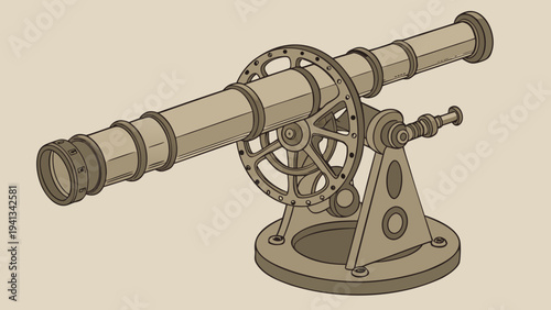 An intricate vector illustration of an antique telescope on a stand, showcasing detailed mechanical components, in a classic art style, viewed from the side.