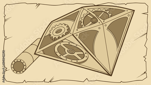 A hyper-realistic 3D vector illustration of a classic mechanical blueprint diagram on parchment paper, depicting intricate gears and machinery, viewed from a 45-degree angle.