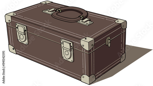 A vintage brown leather suitcase with metal clasps and handle, detailed vector illustration, isolated on a plain background, viewed from an angle.