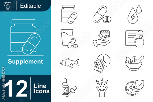 Supplement icon set. Vitamin capsules, nutrition pills, fish oil omega, herbal medicine, health bottle, dietary supplement powder, medical tablets, wellness nutrition products and more. Line vector ic