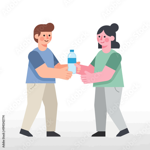 Two people sharing a bottle of water.