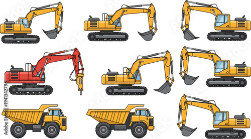 Heavy construction machinery set featuring multiple excavators and dump trucks for earthmoving, mining and engineering operations isolated on white background