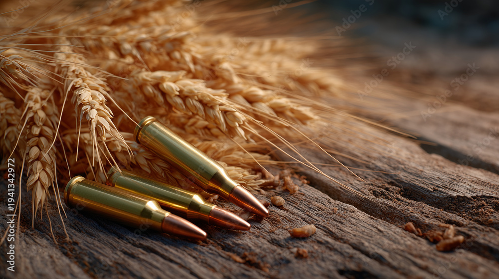 Fototapeta premium Detailed macro of rifle bullets lying next to golden wheat grains on a rough wooden table, soft directional light emphasizing contrast, concept of armed conflict threatening global