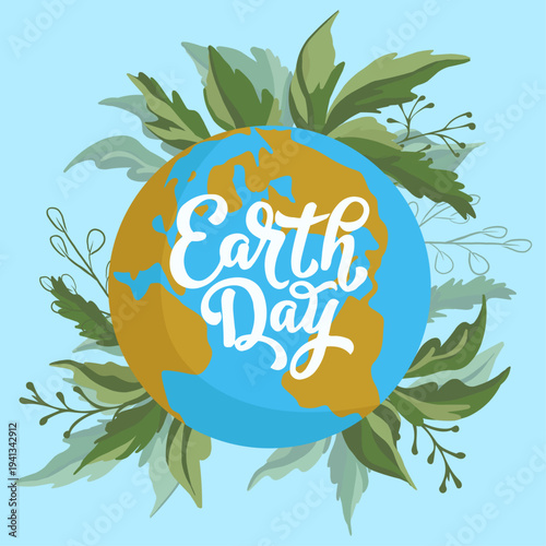 Earth Day vector illustration with planet globe surrounded by lush green leaves